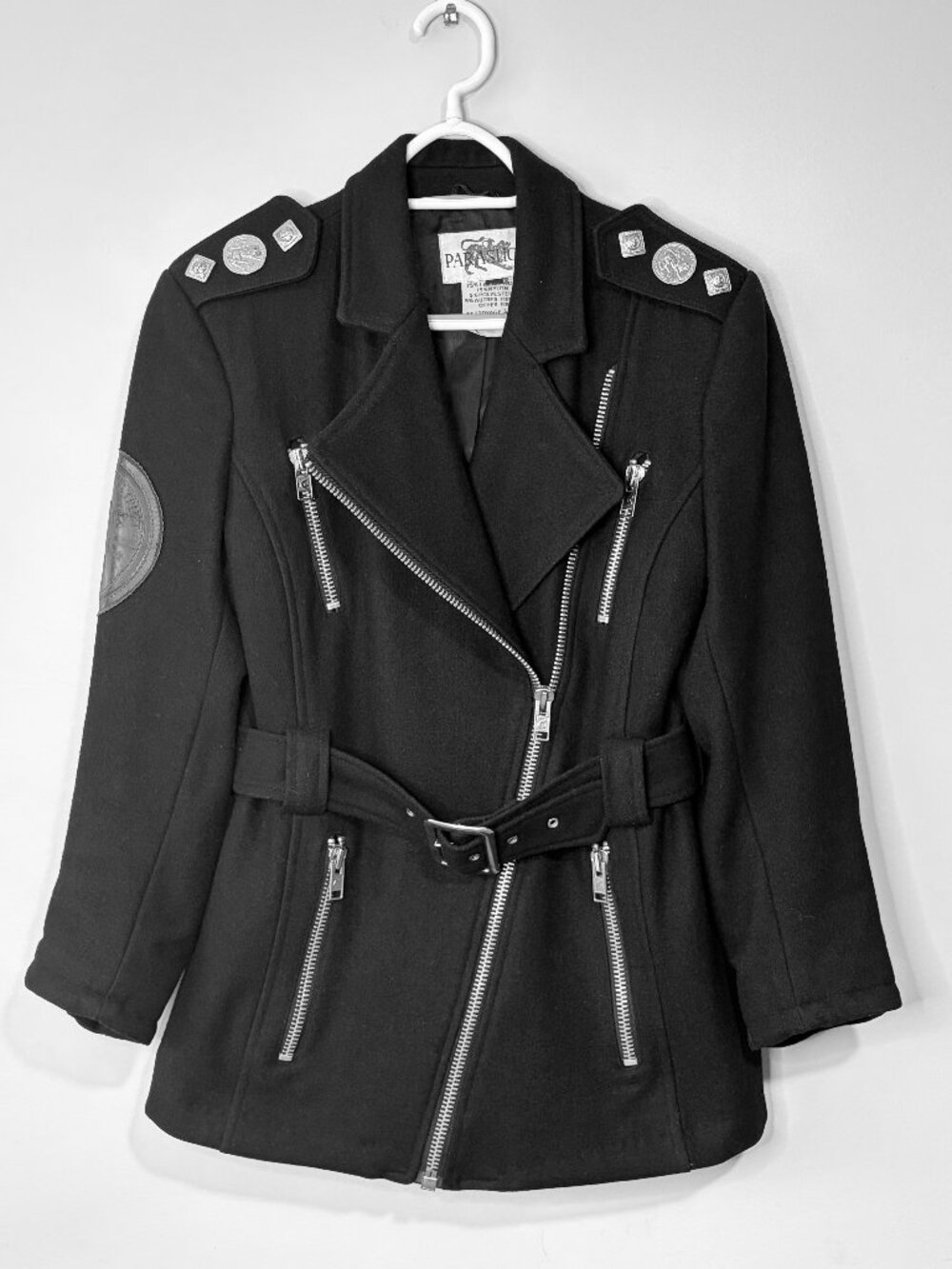 90's VINTAGE PARASUCO Black Wool Jacket - Silver Metal Accents
